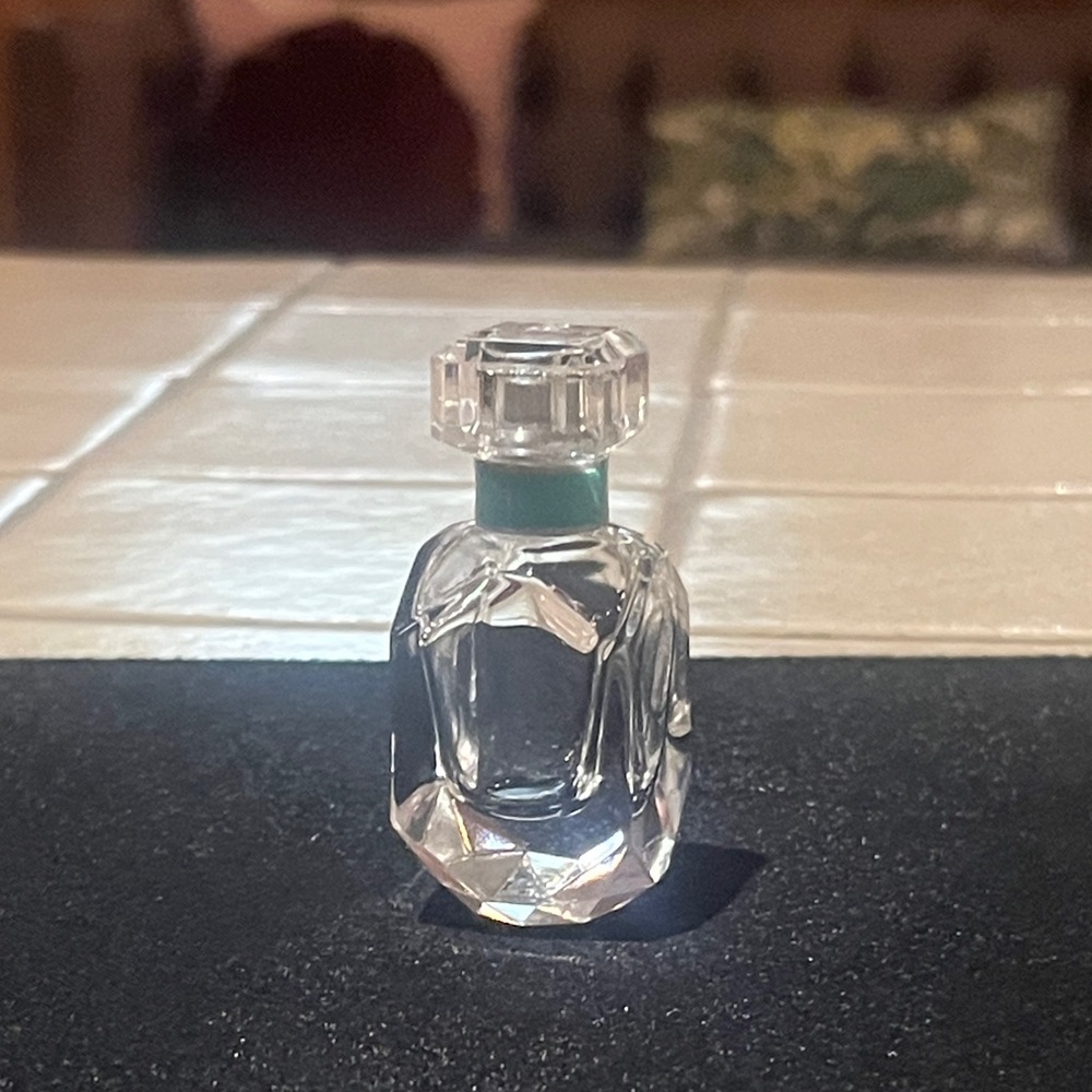 Faceted Clear Crystal Perfume Bottle with Teal Collar empty authentic